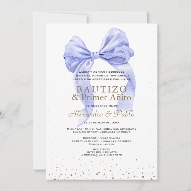 Invitación Gemelos Blue Bow Hijos Primer Añito Bautizo (Anverso)