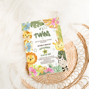 Invitación Gemelos Boho Safari Animales Baby Shower