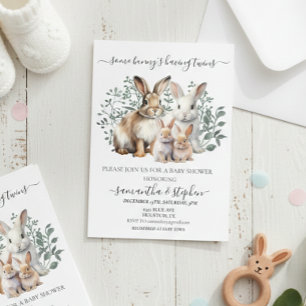 Invitación Gemelos Bunny Watercolor Parejas Baby shower