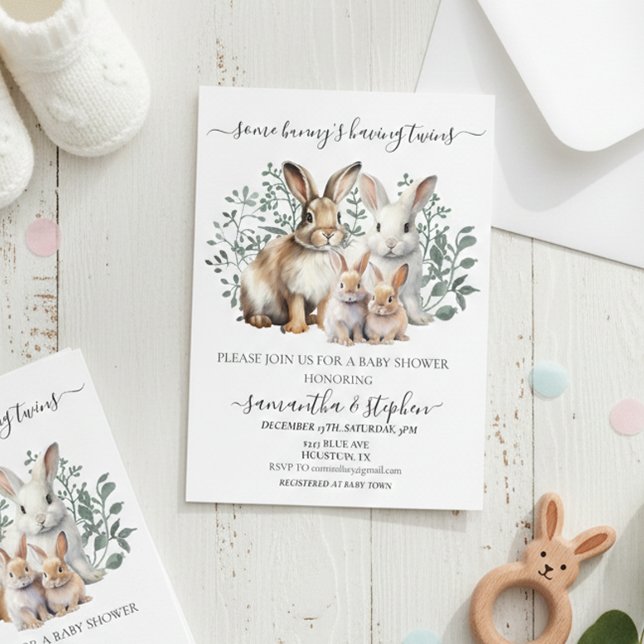Invitación Gemelos Bunny Watercolor Parejas Baby shower (Subido por el creador)