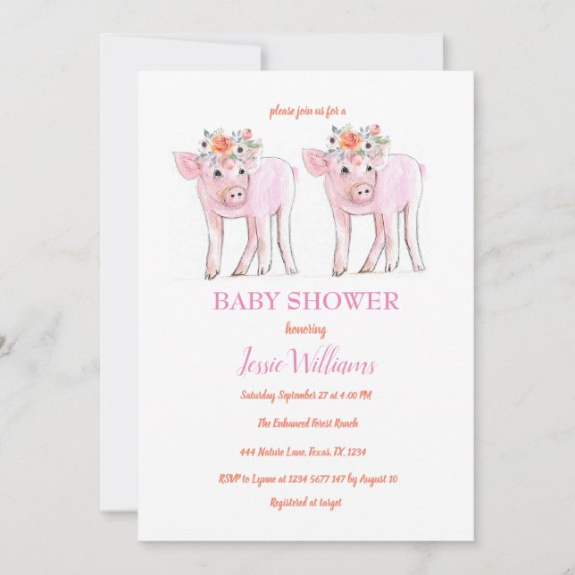 Invitación Gemelos certeros Baby Shower Piglet Chica Animales (Anverso)