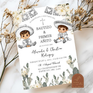 Invitación Gemelos Charro Niño Bautizo Mexicano y Primera Cum