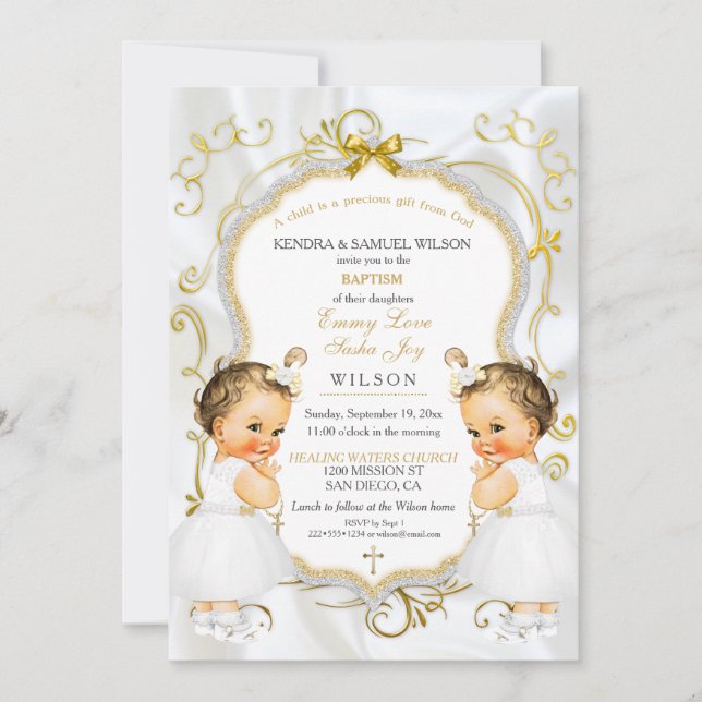 Invitación Gemelos chicas Bautismo Christening Gold Cruz Blan (Anverso)