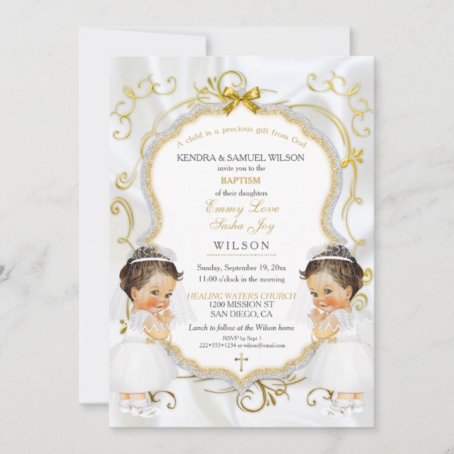 Invitación Gemelos chicas bautizan oro (Anverso)