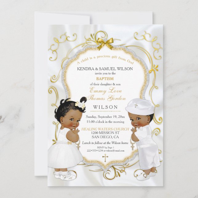 Invitación Gemelos Chicas y niños bautizan a la etnia cristia (Anverso)