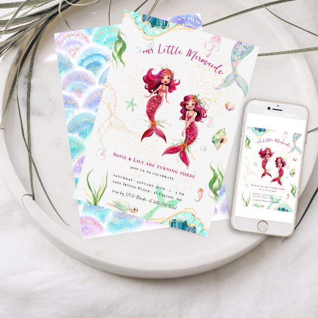 Invitación Gemelos | Cumpleaños de la sirena Purpurina de acu (Subido por el creador)