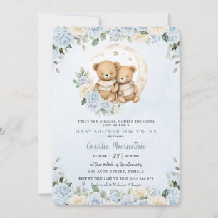 Invitación Gemelos Cute Bears Blue Floral Twin Boys Baby Show