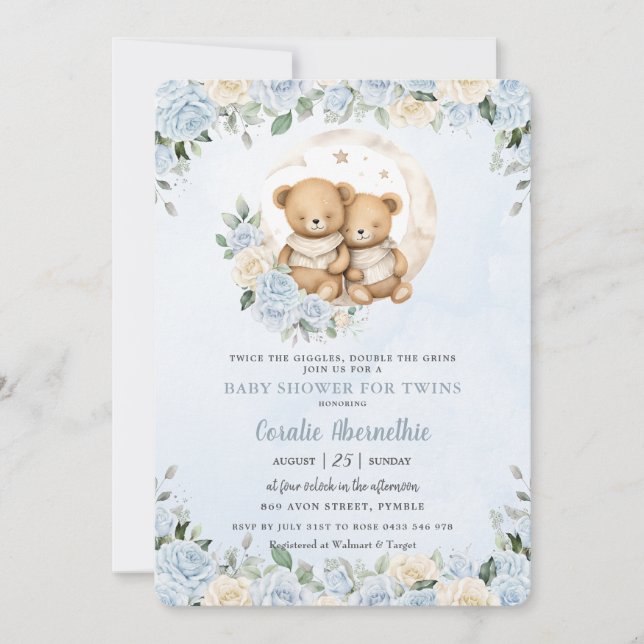 Invitación Gemelos Cute Bears Blue Floral Twin Boys Baby Show (Anverso)