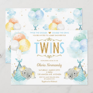 Invitación Gemelos Cute Boys Elephant Baby Shower Sprinkle