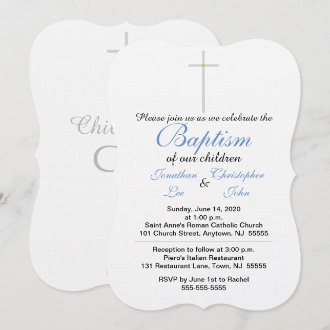 Invitación Gemelos de Bautizo Azul (Anverso / Reverso)