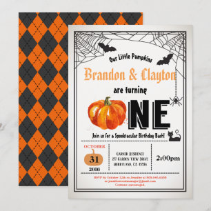Invitación Gemelos de calabaza de Halloween primera fiesta de
