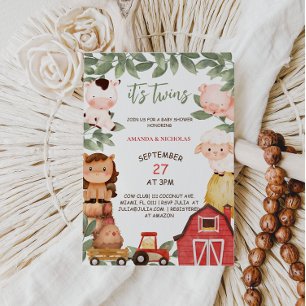 Invitación Gemelos de crianza de animales de granja acuarela 
