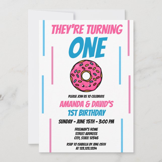 Invitación Gemelos de Donut Azules y Rosa (Anverso)