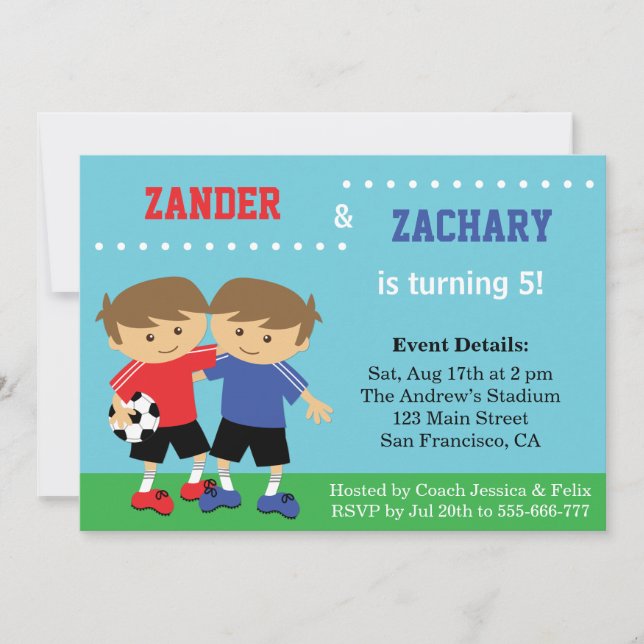 Invitación Gemelos de fútbol lindos, Fiesta de cumpleaños de  (Anverso)