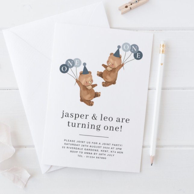 Invitación Gemelos de niño - Gorras Fiestas de oso - Cumpleañ (Boy Twins - Bears Party Hats - Joint 1st Birthday Invitation)
