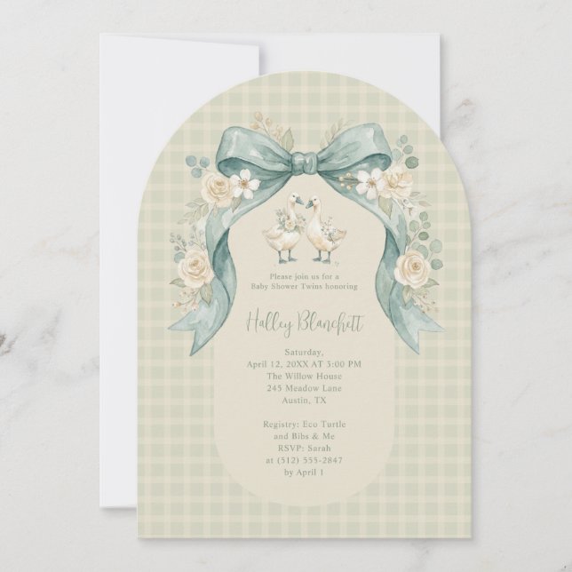Invitación Gemelos de ocas dulces para baby shower en gingham (Anverso)