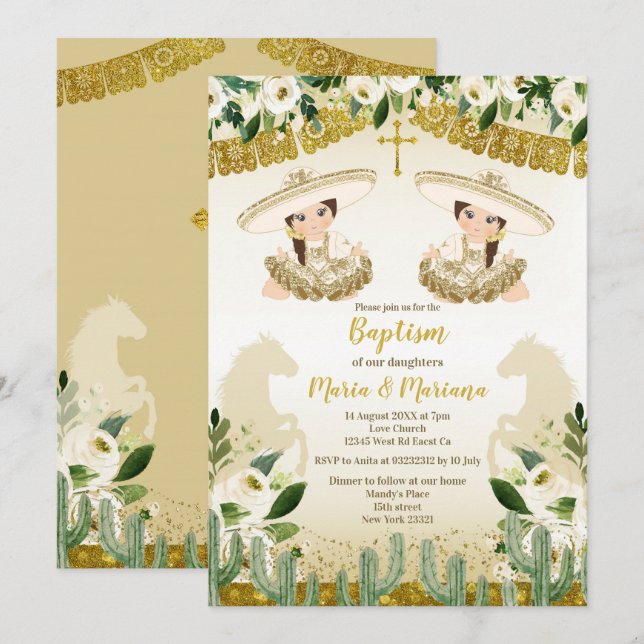 Invitación Gemelos de oro Chica Bautismo y Cumpleaños (Anverso / Reverso)
