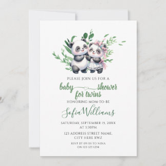 Invitación Gemelos de panda lindos de acuarela y vegetación p