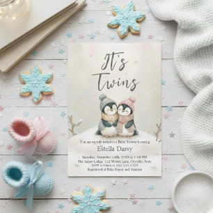 Invitación Gemelos de pingüino Fiesta de Bebé de Invierno Niñ