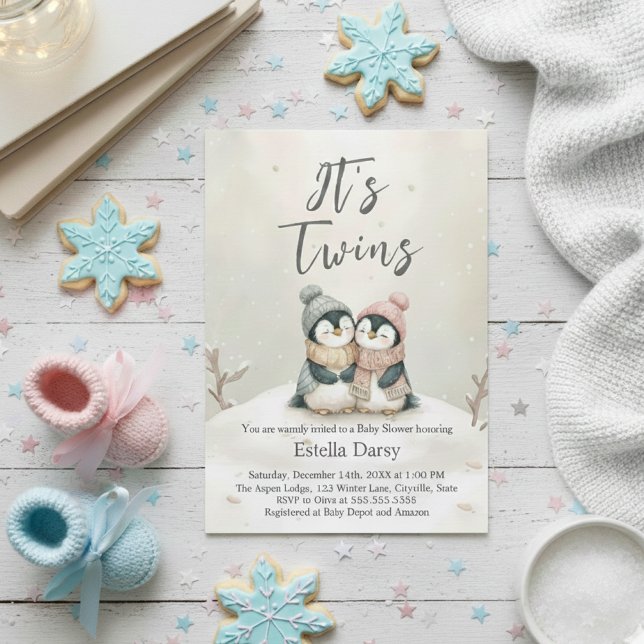 Invitación Gemelos de pingüino Fiesta de Bebé de Invierno Niñ (Subido por el creador)