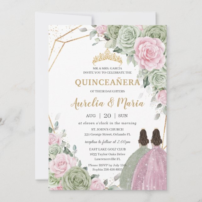 Invitación Gemelos de Quinceañera de Oro Floral Verde Sage (Anverso)