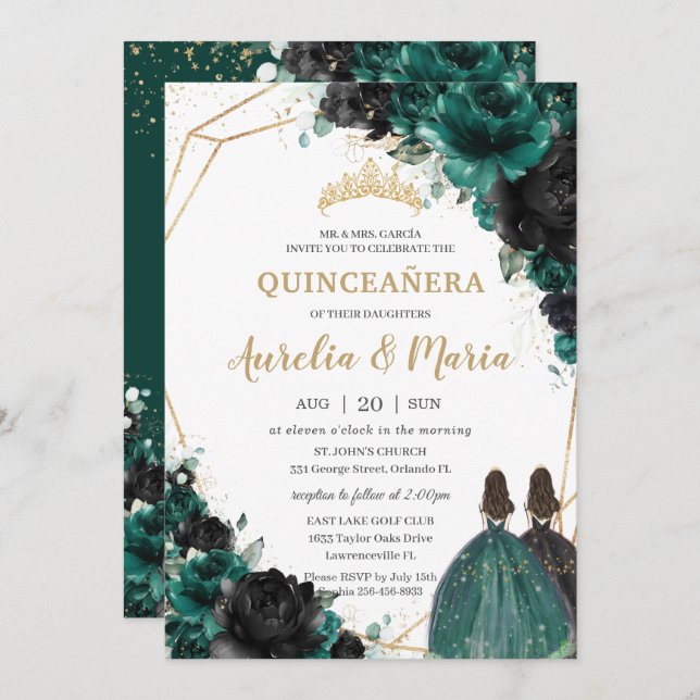 Invitación Gemelos de Rosas florales negras Quinceañera Emera (Anverso / Reverso)