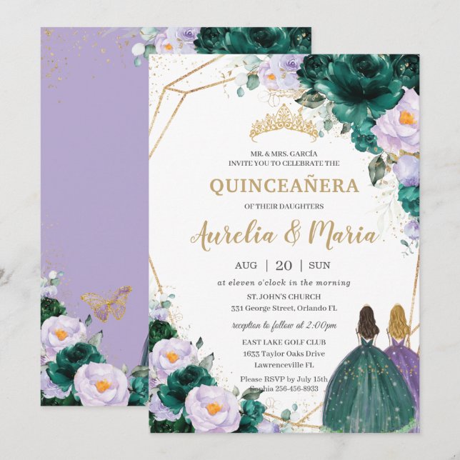 Invitación Gemelos de Rosas florales Quinceañera Emerald Gree (Anverso / Reverso)