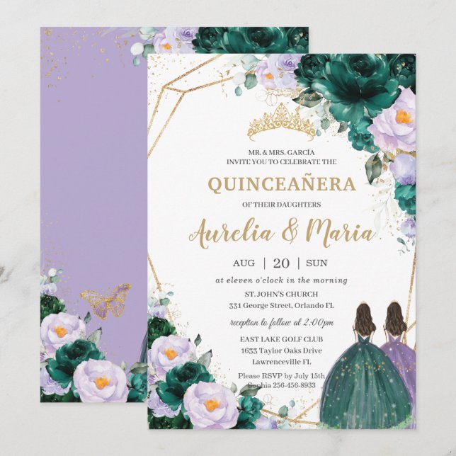 Invitación Gemelos de Rosas florales Quinceañera Emerald Gree (Anverso / Reverso)