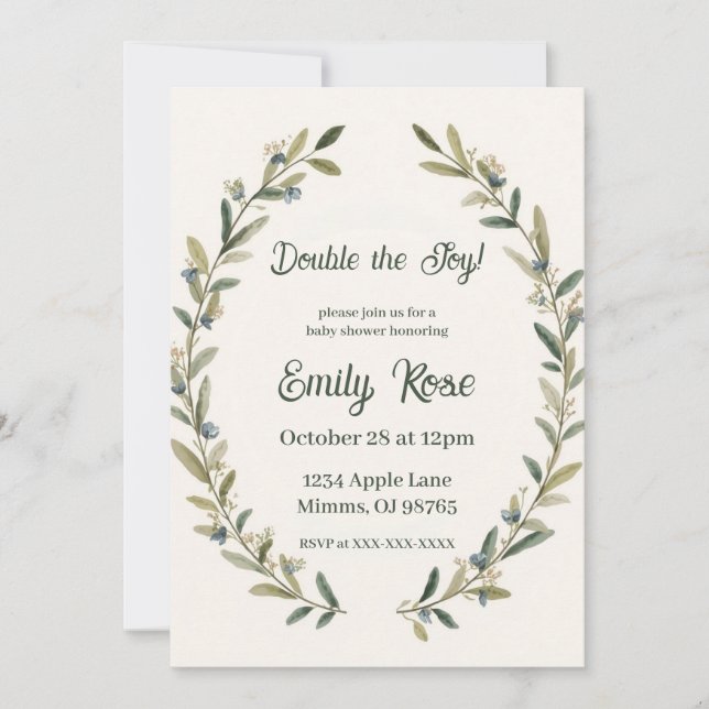Invitación Gemelos de Shower de Bebé Rama de Olivo Boho Verde (Anverso)