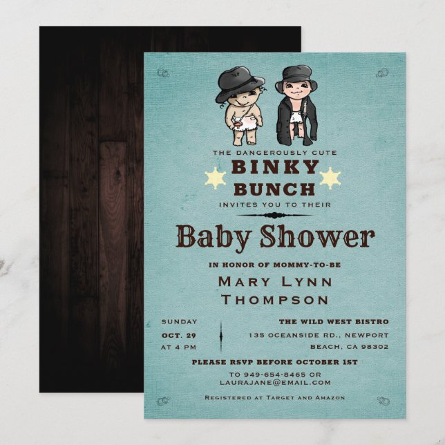 Invitación Gemelos divertidos Binky Bunch Baby Shower Occiden (Anverso / Reverso)