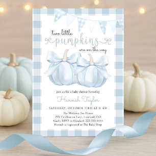 Invitación Gemelos dos pequeñas calabazas azul Bow Baby Showe