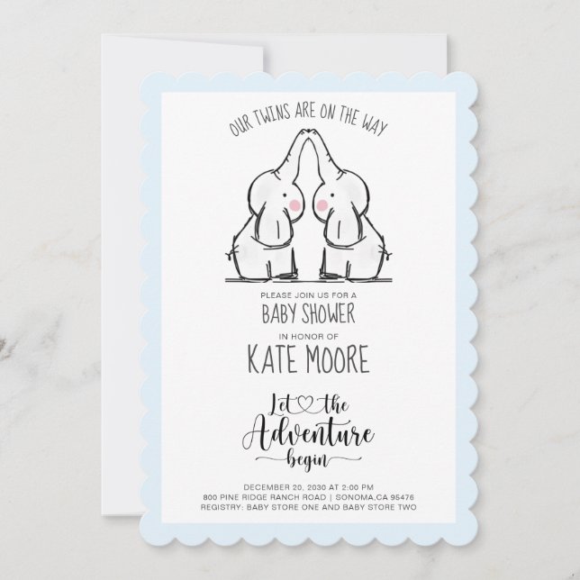 Invitación Gemelos elefantes cutáneos Baby Shower Blue Baby B (Anverso)