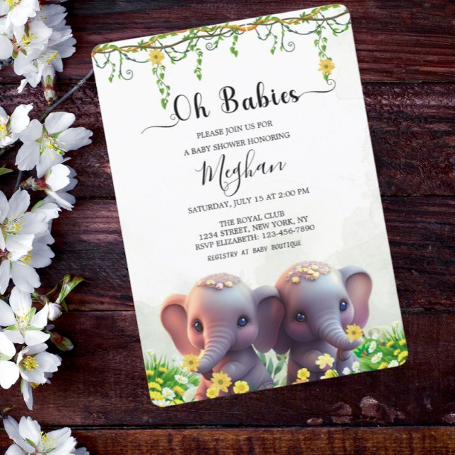 Invitación Gemelos elefantes cutáneos Baby Shower Floral Gree (Subido por el creador)