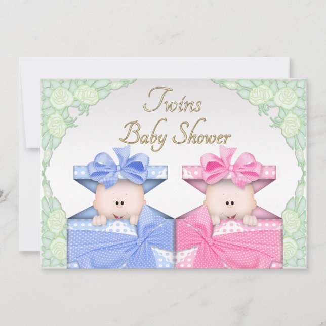Invitación Gemelos en cajas de regalos Rosas Baby Shower (Anverso)