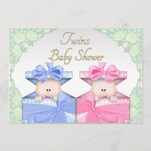 Invitación Gemelos en cajas de regalos Rosas Baby Shower