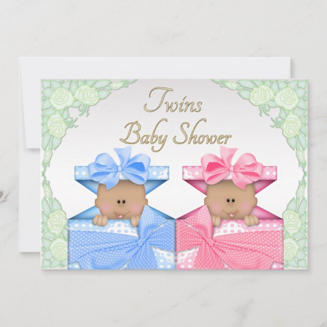 Invitación Gemelos étnicos en Baby Shower Rosas de cajas de r (Anverso)