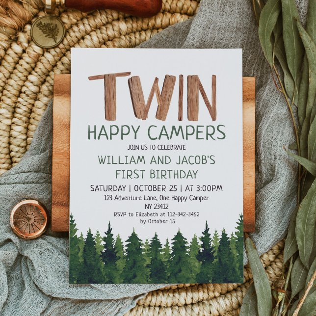 Invitación Gemelos felices campanos Woodland Boys 1er cumplea (Subido por el creador)