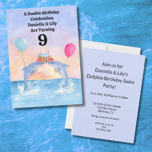 Invitación Gemelos Feliz Cumpleaños Delfines con Tarta de Cum