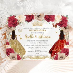 Invitación Gemelos Florales de Rosas Rojos Quinceañera 15 XV