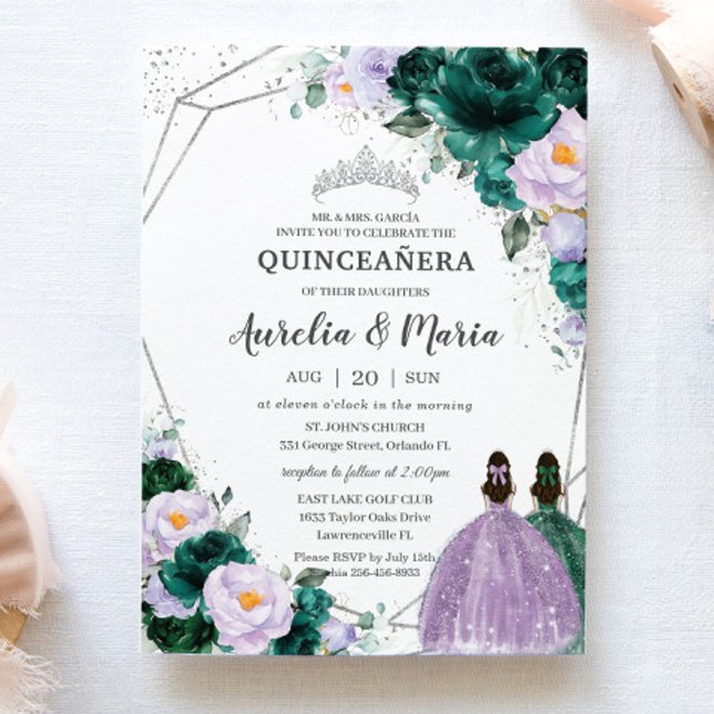 Invitación Gemelos florales esmeraldas púrpuras Plata Quincea (Subido por el creador)