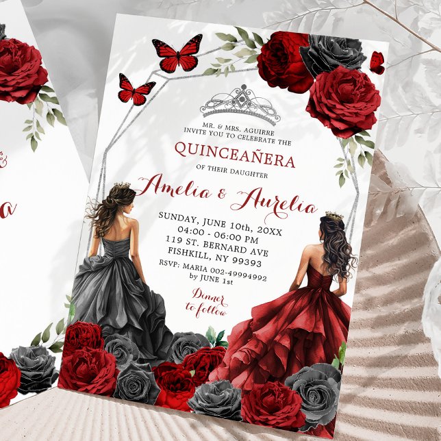 Invitación Gemelos florales negras y rojas de Borgoña Quincea (Subido por el creador)