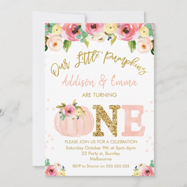 Invitación  Gemelos florales nuestro pequeño cumpleaños de ca (Anverso)