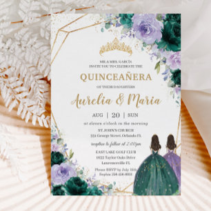Invitación Gemelos florales Quinceañera Emerald Green Lilac