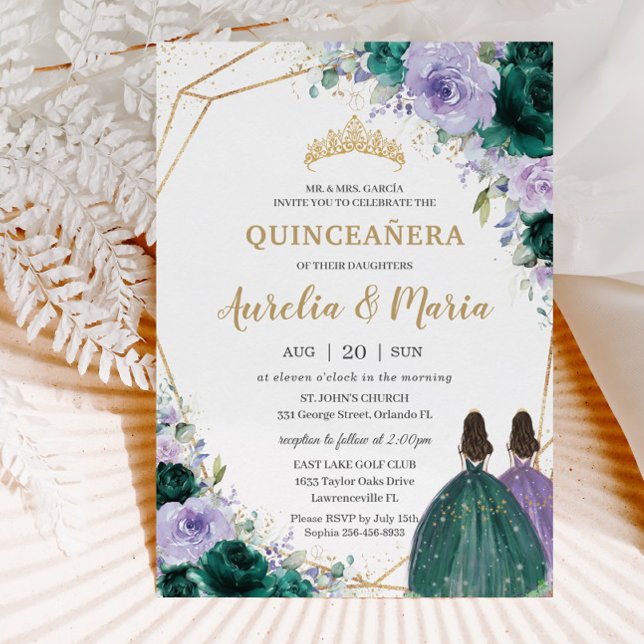 Invitación Gemelos florales Quinceañera Emerald Green Lilac (Subido por el creador)