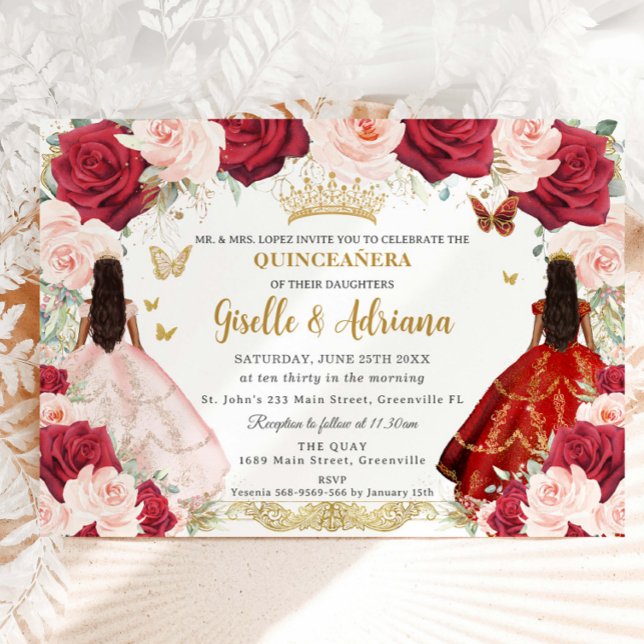 Invitación Gemelos florales rojos Rubor Quinceañera de oro (Subido por el creador)
