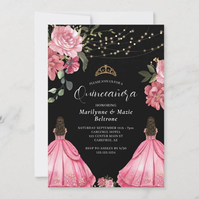 Invitación Gemelos florales rosados de Princesa Quinceañera (Anverso)