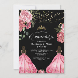 Invitación Gemelos florales rosados de Princesa Quinceañera