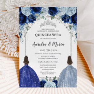 Invitación Gemelos florales Royal Baby Blue Silver Quinceañer