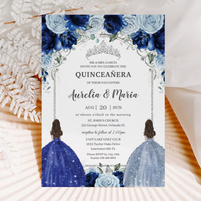 Invitación Gemelos florales Royal Baby Blue Silver Quinceañer (Subido por el creador)