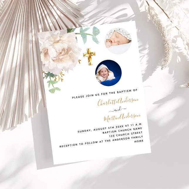 Invitación Gemelos foto floral blanca género neutro Bautismo (Subido por el creador)